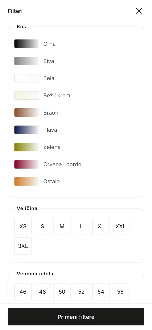 Pazari: filteri po boji i veličini