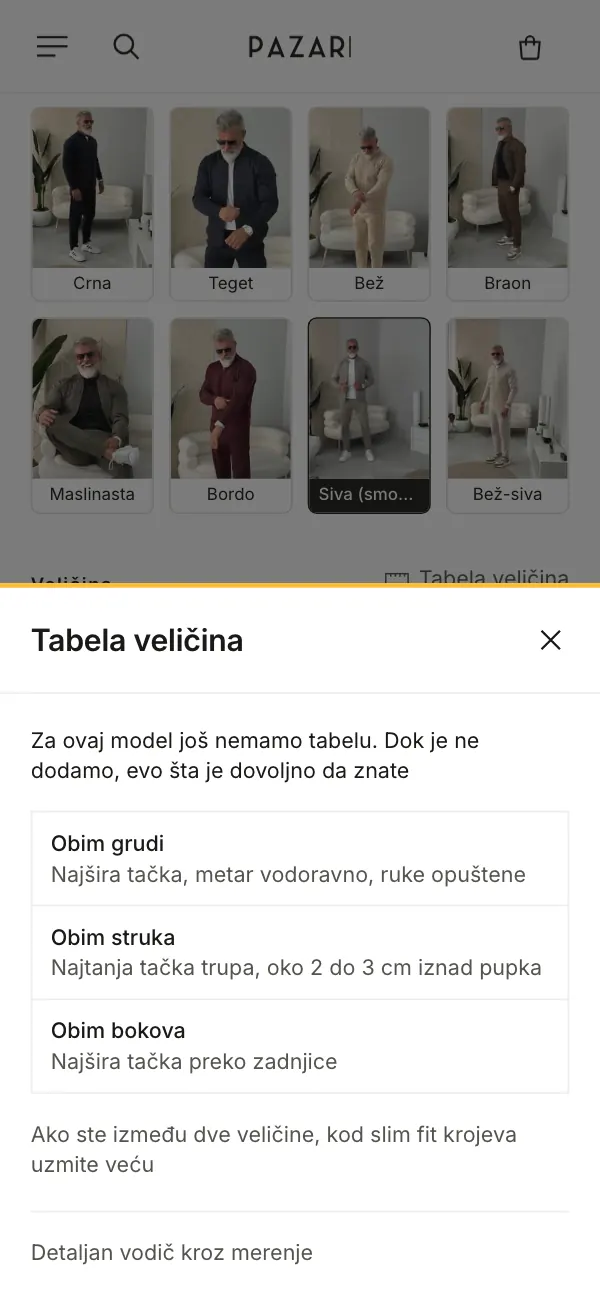 Pazari: tabela veličina