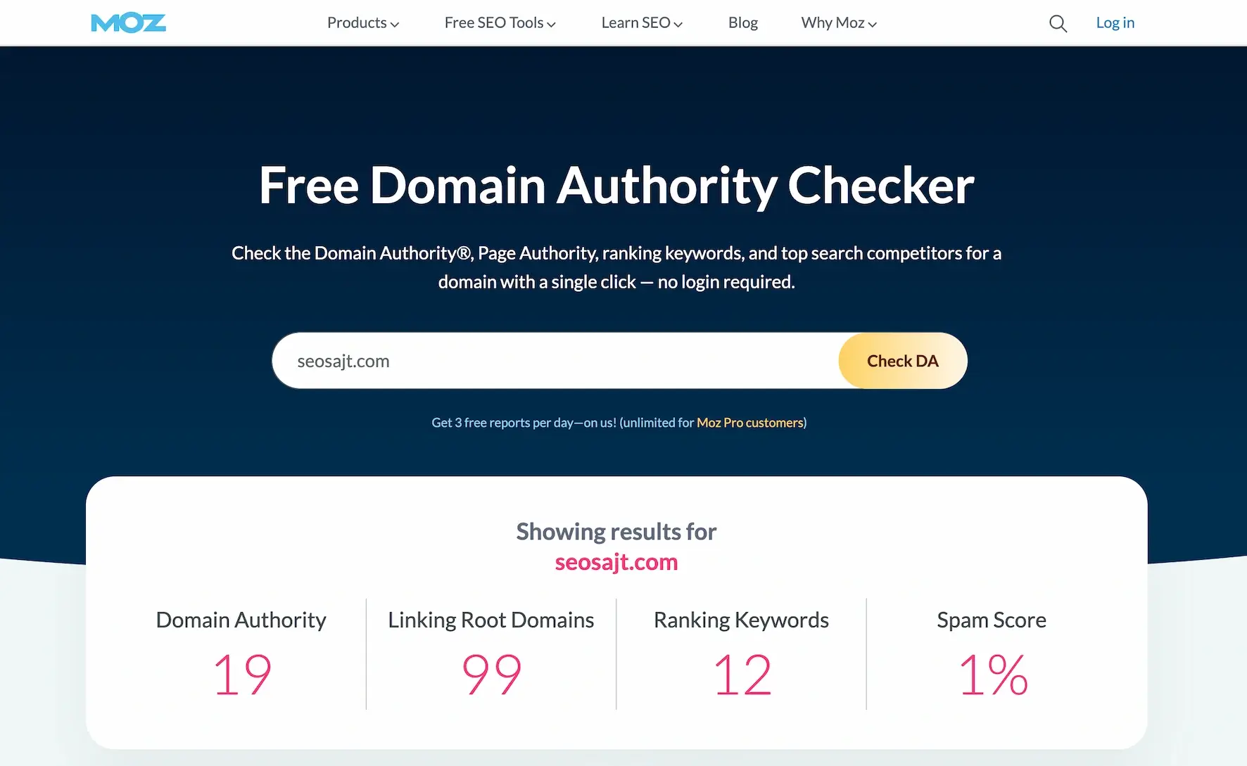 Moz Domain Authority Checker za seosajt.com: Domain Authority 19, 99 domena koji linkuju i Spam Score 1%